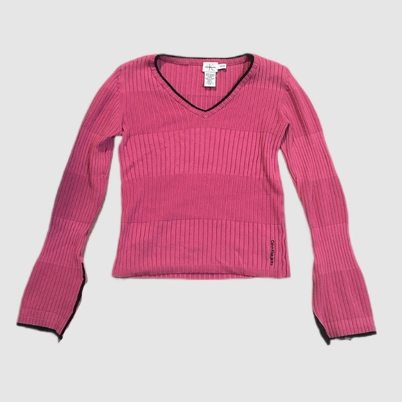 Calvin Klein Pink V-Neck vintage Ribbed Sweater with flare sleeves 100% cotton - Picture 3 of 7